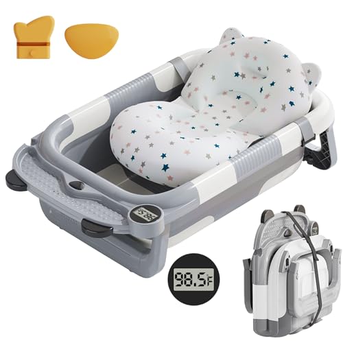 Image of BBtinker Collapsible Baby Bathtub for Newborn with Real-time Temp Monitor + Soft Floating Cushion Durable Foldable Baby Tubs for Infants to Toddler, Portable Travel Bathtub with Drain Hole Grey