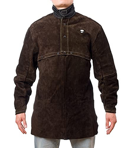 Image of Waylander 2 Pc Split Leather Welding Cape with Sleeves and Detachable 20” Apron; Open Back Welding Jacket Comfort; Adjustable Cuffs for Secure Fit and Flexible Stand Up Collar 2XL