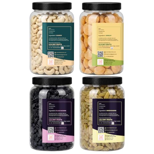 Image of LILA DRY FRUITS Dry Fruits Combo Pack of Cashews, Black Raisins, Green Raisins & Apricots 100 Gms x 4 Assorted Dry Fruits Mix for Healthy Snacking Perfect for Gifting