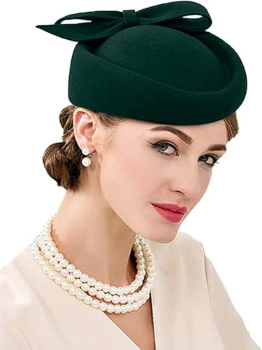 HIMESPORT Wool Felt Fascinator Hats for Women Ladies Lady Elegant Tea Party Dress Beret Derby Fedoras Pillbox Hat Dark Green