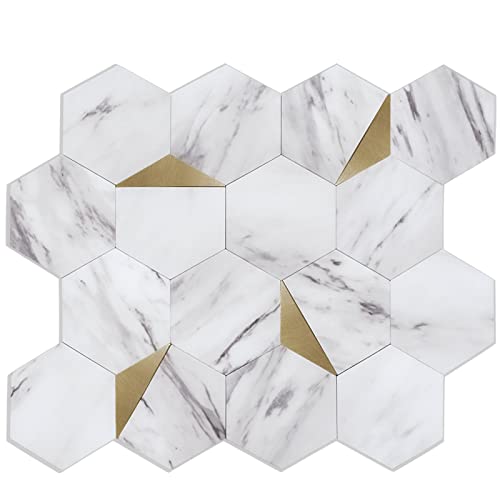 AdoDecor Peel and Stick Backsplash for Kitchen,New Upgrade Premium Hexagon Peel and Stick Backsplash, Seamless Backsplash Tile for Bathroom,（10-Sheet Carrara White Marble and Metal Gold）