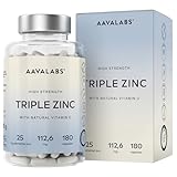 Zink Hochdosiert Komplex mit Vitamin C - Elementares Zink 25mg: Zink Picolinate, Monomethionin + Zink Bisglycinat (Chelat) - Vegan Vitamin C Zink Tabletten hochdosiert - 180 hochdosiertes Zink Kapseln