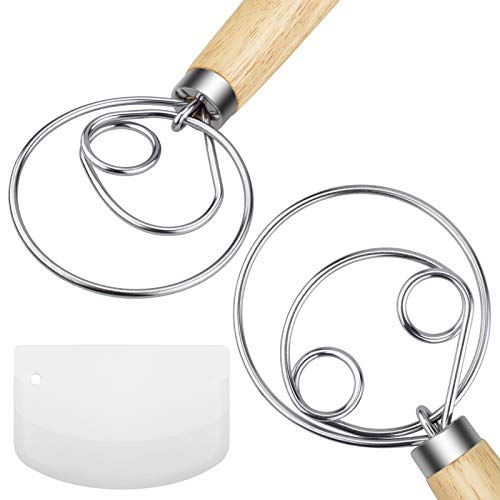 Makacoo Danish Dough Whisk Mixer Blender 2 Pack Wooden Handle Kitchen Baking Tools Artisian Blender With a Dough Scraper for Bread Batter Cake Pastry