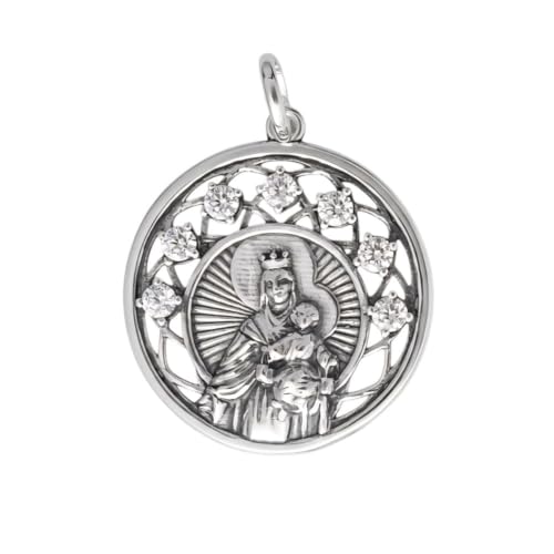 Médaille Notre-Dame du Mont-Carmel ajourée en argent massif et zirconium