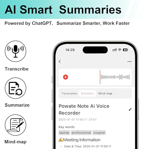 Powate KI Digitales Diktiergerät - App-Steuerung, Transkription & Zusammenfassung mit AI-Technologie, 64GB Speicher, Audio-Recorder für Vorträge, Meetings, Anrufe,Violett