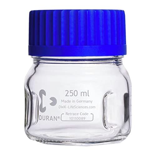 DURAN 212863658 GLS80 Baffled Wide Mouth Bottle, Clear Glass, Supplied Complete with GLS80 Polypropylene Pouring Ring and GLS80 Cap, 250 ml