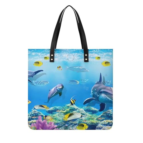 Sac à bandoulière dauphin et poisson grand format 39x39cm pour courses et plage
