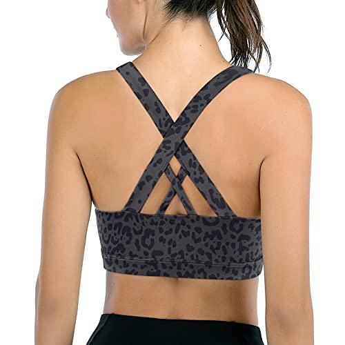 Image of Sports Bras for Women High Impact Support for Yoga Gym Running Workout Fitness Strappy Sports Bra with Padded Removable Cups, Grey Leopard Print, Large