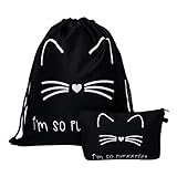 Drawstring Backpack Waterproof,2 piece set Loomiloo Printed Durable Rucksack Gym Bag (Cat)