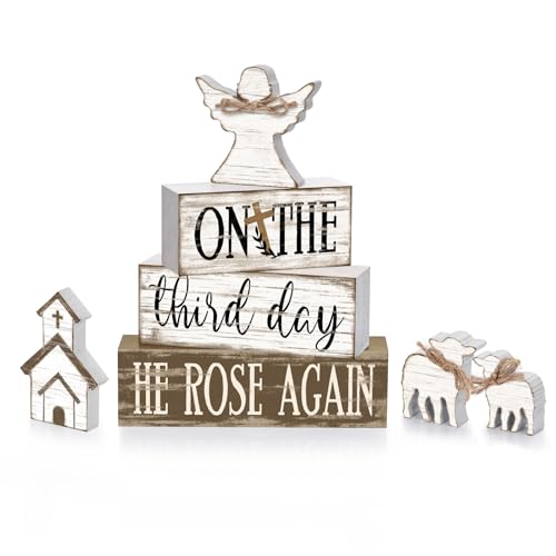 7 Pcs Easter Table Decor He is Risen Tiered Tray Decorations Set Easter Christian Spring Rustic Farmhouse Wooden Stack Block Signs with Angel Lambs Religious Party Tabletop Decor for Home Office