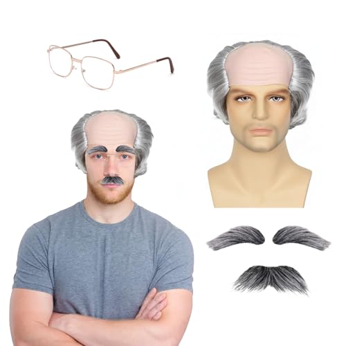 QSZHSL Old Man Bald Wig For Adults Kids, Short Curly Gray Ol