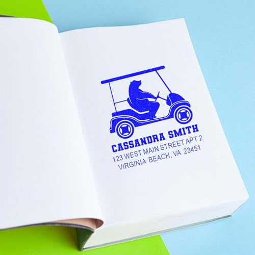 Image of Custom Made Pre Inked Address Stamp Bear Golf Cart - for Shipping Labels | Choice of 5 ink colors. Custom Inked Rubber Stamp. Pet Family Golf Address Stamp. Engraved after you order. Oil-based ink.