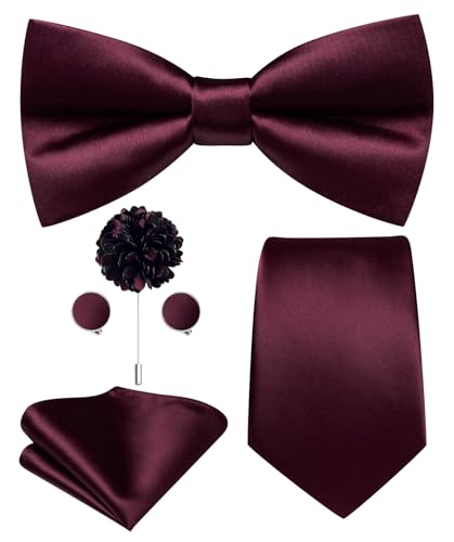 Image of Hi-Tie 5Pcs Mens Solid Color Silk Tie Satin Pretied Bowtie Lapel Pin for Men Handkerchief Cufflink Wedding Gift Box
