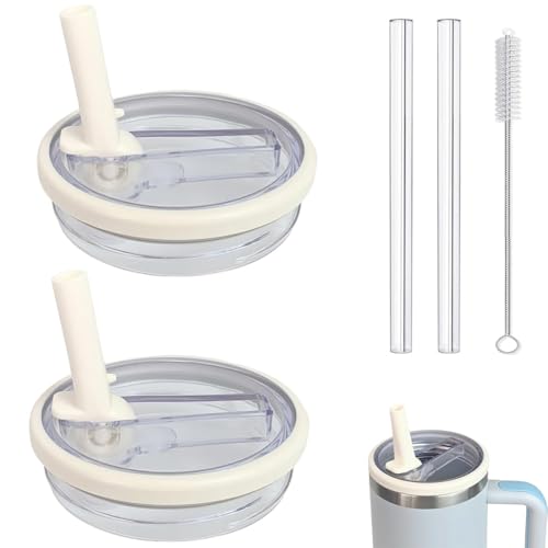 40 oz Leak Proof Flip Straw for Stanley Lid, Tumbler Lid Replacement No Spill Proof for Stanley 40oz Cup Lid (2 Pack Beige)