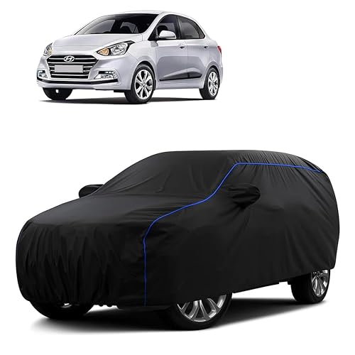 Image of Sulfar 100% Water Resistant Car Body Cover Compatible with Mirror for Hyundai Xcent (Triple Stitched, Full Bottom Elastic, Black Tafetta with Blue Piping)