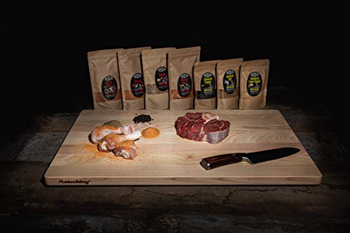 Axtschlag Flammlachsbrett Essential Line Birkenholz extrastark, 4-Fach & BBQ Rub Lachs, für einen einzigartigen Geschmack von Fleisch, Fisch und Gemüse, 250g Trockenmarinade, wiederverschließbar