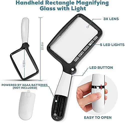 Folding Handheld Magnifying Glass with Light, 3X Large Rectangle Reading Magnifier with Dimmable LED for Seniors with Macular Degeneration, Newspaper, Books, Small Print, Lighted Gift for Low Visions