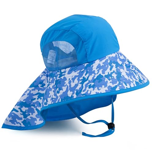 Image of Kids Sun Hat UPF 50+ Boy Girl Protection Hat Wide Brim Beach Hats with Mesh and Adjustable Chin Strap