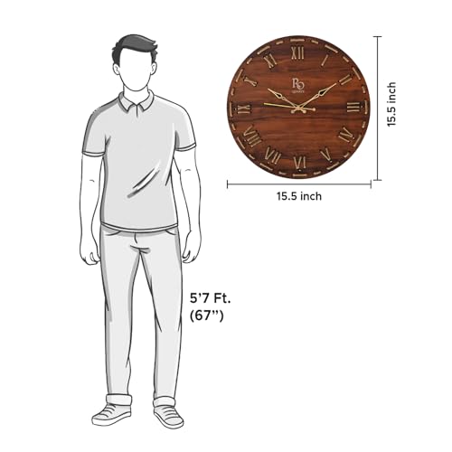 Image of Wooden Round Shape Roman Dial Wall Clock with Golden Hands & Golden Jute Rope Detailing | Silent Quartz Movement Anti Reflection Analog Vintage Clock for Home & Office (Brown, 15.5 Inch)