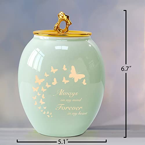 Image of Medium Butterfly Urn for Human Ashes Female /Women /Mom /Mother | Green Ceramics Decorative Urns for Human Ashes,Memorial Urn with Velvet Bag & Funnel - A Perfect Tribute & Gift for Families