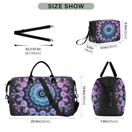 Large Travel Duffel Bag, Purple Floral Circle Sports Tote Gym Bag, Shoulder Weekender Overnight Bag for Women Men, Carry On Luggage with Toiletry Bags3