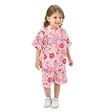 Yeodong Jinbei Kids Girls Kimono Clothes Top Shorts Set Summer Yukata 100% Cotton Breathable Japanese Pattern Japanese Style Kimono Cute Girls Summer Festival Fireworks Cool Evening 90-150cm