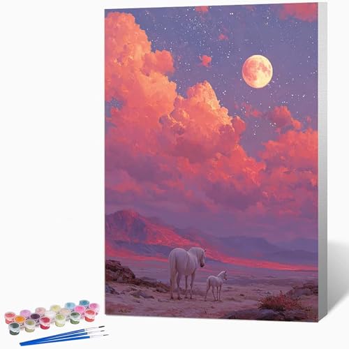 数字油絵 馬 ペイントバイナンバー 動物, ナンバーペイント大人のDIYセット(ブラシとアクリル絵の具を含む)、クリエイティブな手作りの油絵セット、女性へのデジタル絵画ギフト、壁の装飾 30×40cm -WX2510147