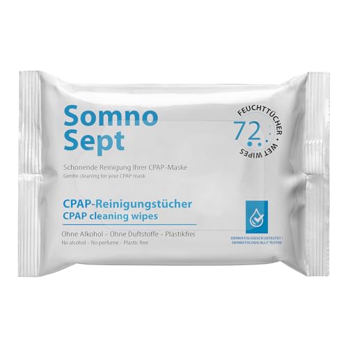 SomnoSept Paños de limpieza CPAP, 72 unidades, limpieza rápida de máscara CPAP, para un buen ajuste de máscara, paños suaves de 100% viscosa, inodoros, dermatológicamente probados
