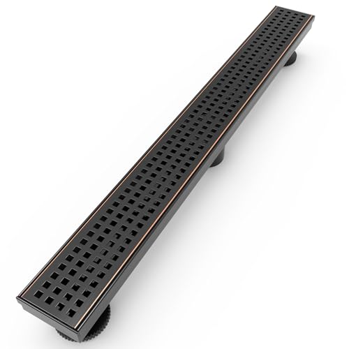 WEBANG 24 Inch Linear Shower Drain Rectangular Floor Drain with Accessories Square Hole Pattern Cover Grate Removable SUS304 Stainless Steel CUPC Certified Oil Rubbed Bronze