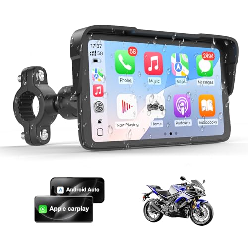 Portable Motorcycle CarPlay HD Touch Screen, Motorcycle GPS Navigation System with Apple Carplay and Android Auto, IP67 Waterproof, Support Tire Pressure settings, Bluetooth, Voice Control, Navigation