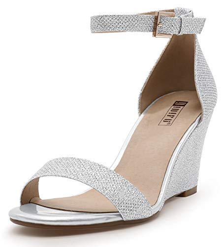 IDIFU Womens Classic Wedge Heels Sandals 3 Inch Ankle Strap Open Toe Evening Dress Wedding Shoes (Silver Glitter 8.5 M US)
