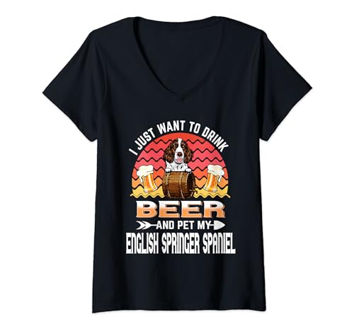Mujer Drink Beer and Pet My English Springer Spaniel Dog Lover Camiseta Cuello V