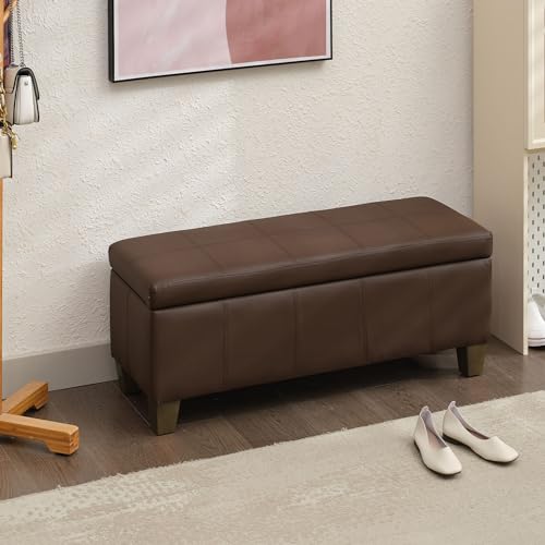 Image of 41 inch Storage Ottoman, Storage Bench with Safety Hinge, Upholstered Synthetic Leather Ottoman Bench for Bedroom, Living Room, Entryway, Hallway, Foot Rest, Support 500lbs, Brown