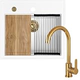 Sink Quality, lavello bianco con rubinetto, set 56 x 51 cm, lavello con rubinetto, tagliere, sifone oro, scolapiatti, impregnante – Set completo per mobile da cucina da 60 pezzi