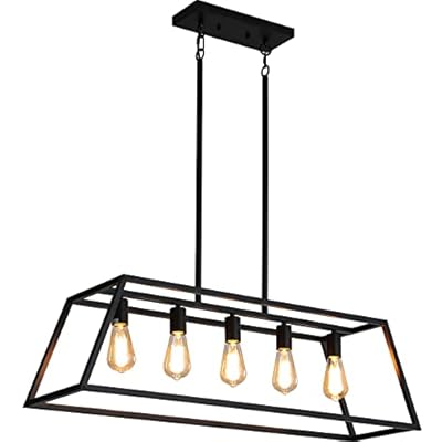XISLTHOTSL Black Kitchen Island Lighting, 5-Light Farmhouse Chandeliers, Modern Industrial Linear Rectangle Pendant Light Fixtures for Dining Room Kitchen Bar Foyer(Metal, E26 Base)