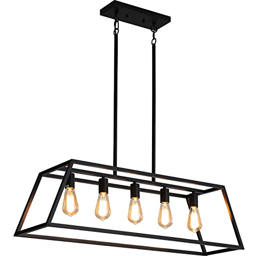 XISLTHOTSL Black Kitchen Island Lighting, 5-Light Farmhouse Chandeliers, Modern Industrial Linear Rectangle Pendant Light Fixtures for Dining Room Kitchen Bar Foyer(Metal, E26 Base) by XISLTHOTSL - Used condition - US$68.00