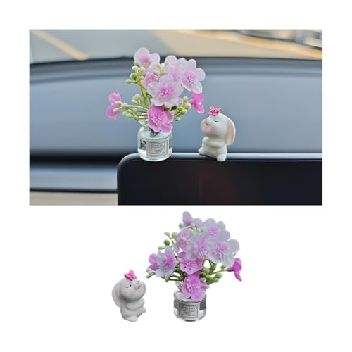 Norkmdi Cute Bunny and Peach Blossom Flower Vase Car Rearview Mirror Ornaments, Mini Funny Vehicle Dashboard Decoration, Automotive Interior Dash Decor, Universal for Automobile RV Truck Deal