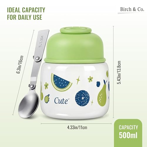 Image of Birch & Co. Baby Feeding Bowl and Spoon Set, Stainless Steel Food Bowls - 320ml, 304 Stainless Steel Baby Food Container with Double Wall Vacuum Insulation, BPA-Free Leak-Proof for School & Travel,Green