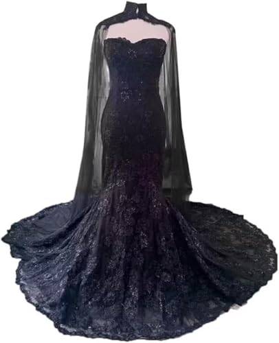 Tulle Mermaid Wedding Dresses for Bride Lace Gothic Wedding Gowns with Slit Tulle Bridal Gowns with Train