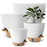 SORANGEUN 12/10/9/8 inch Self Watering Pots with Visual Water Window, Extra Large Self Watering Plant Pot with Drainage Holes and Saucers, White Flower Pots for Indoor Plants