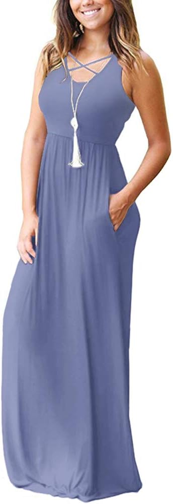 LILBETTER Women's Sleeveless Racerback Loose Plain Maxi Dresses Casual Long Dresses with Pockets - Image 2