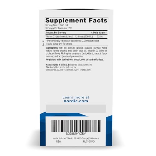 Nordic Naturals Vitamin D3 5000 IU, Non-GMO, Orange - 200 Mini Softgels - image 2