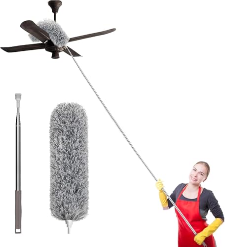 MOMENT Microfiber Feather Duster with Extendable Pole 87-278cm Extra Long Gap Dust Cleaner Bendable Head Cobweb Dusters for Cleaning High Ceilings Fans Blinds Wall and Furniture (Gray)
