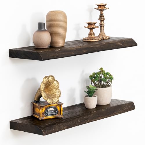 Image of Acovy Extra Deep 24 inch Long Live Edge Rustic Floating Shelves for Wall, Solid Wood Wall Shelves with Invisible Bracket Mount for Living Room Bathroom Bedroom Kitchen, Set of 2, Walnut