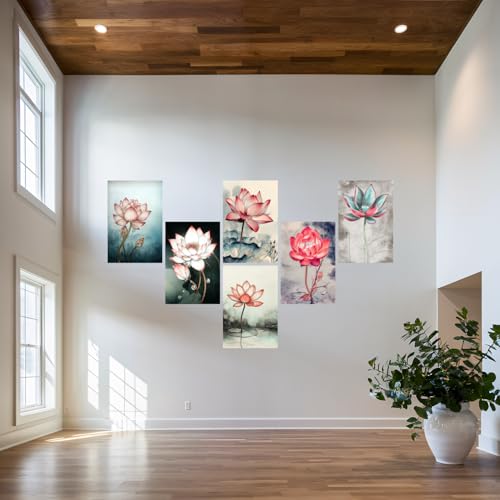 Image of SiddArtify Lotus Flower Wall Art Poster Print Set - Botanical Floral Decor for Living Room Bedroom Office - 8x12 Sticker Pack of 6