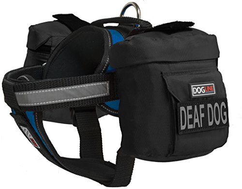 Dogline Unimax Multi-Purpose Vest Harness for Dogs with 2 Removable Deaf Dog Patches and 2 Removable Side Utility Bags (Blue, X Large (36