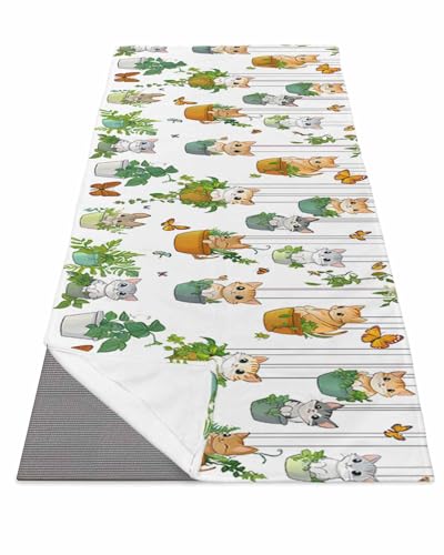 BOSIJOY Yoga Mat Towel,Cute Cat Spring Botanical Fern Plant Non Slip Sweat Absorbent Hot Yoga Towels with Corner Pockets,Butterfly Leaf on White Soft Microfiber Towel for Pilates Bikram 70
