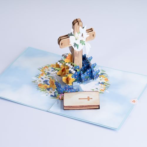 PALOX CRAFTS Signature Greeting Religious Easter Cross Pop Up Card, Creative Religious Easter Cross 3D Pop Up Card, Baptisms and more. Blank insert tag included.
