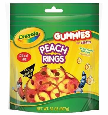 Crayola Peach Rings Gummies 2 lbs – Fruity Chewy Candy Resealable Stand Up Pouch – Halal Peanut Free No HFCS – by Kervan