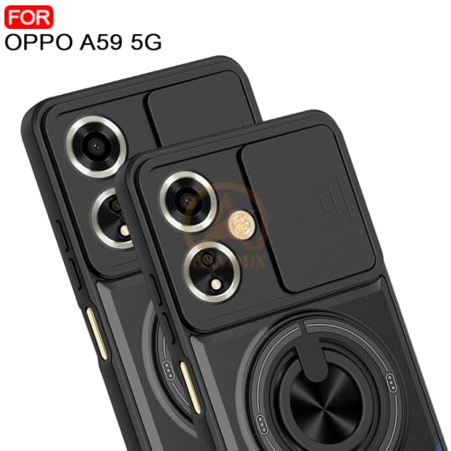 Image of Oppo A59 5G Back Cover | Armor Camera Slider 360 Degree Rotating Finger Ring Holder Case with Bracket Stand Back Case Cover (Compatible with MagSafe Accessories) (Black)